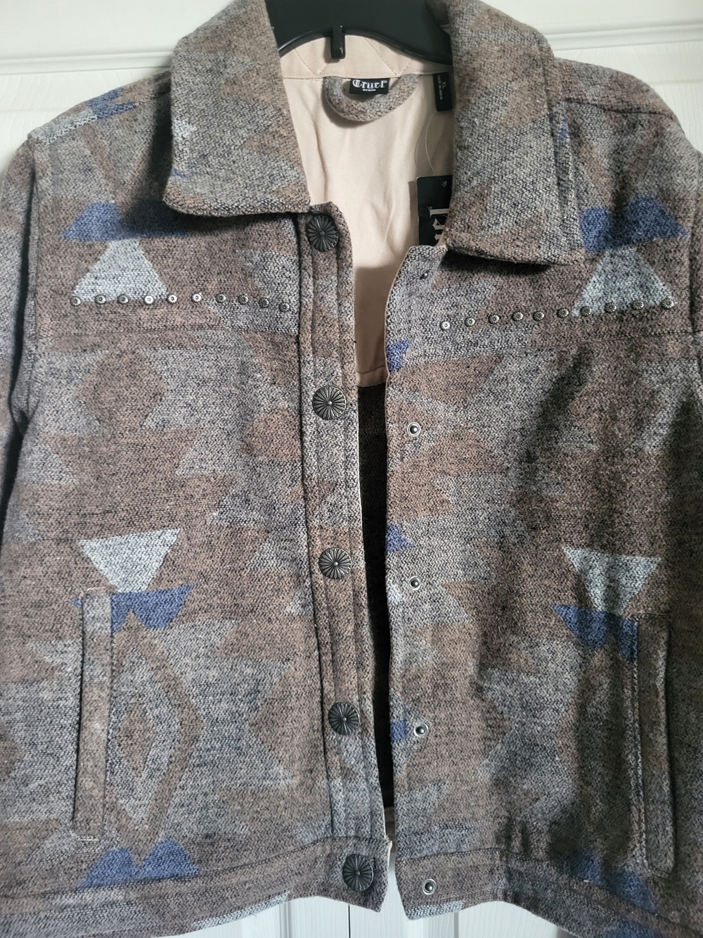 Cruel DENIM Women's Brown Patterned Jean Jacket with Blue Accents